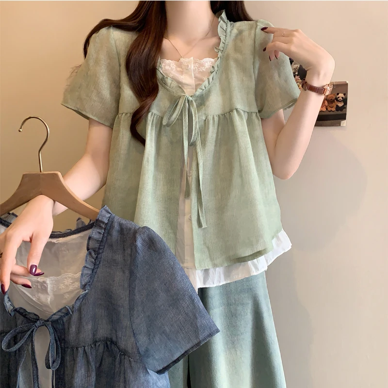 大码拼接假两件短袖衬衫女夏季新款设计感小众宽松显瘦百搭上衣