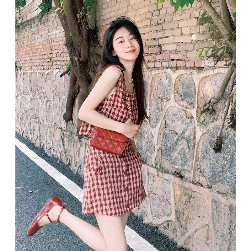 小香风短款复古吊带时尚套装女夏季修身显瘦气质高腰格纹半身裙潮