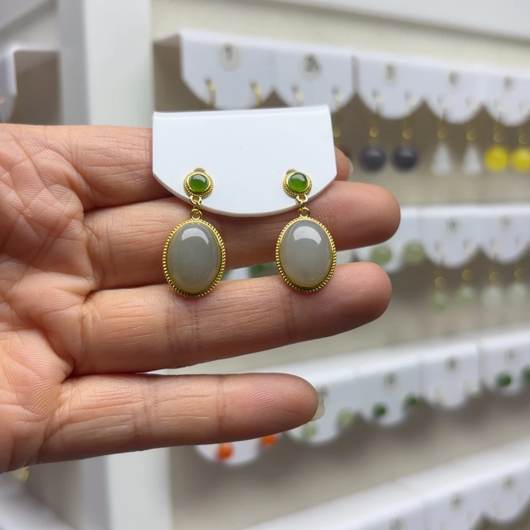 和田玉银S925镶嵌耳饰