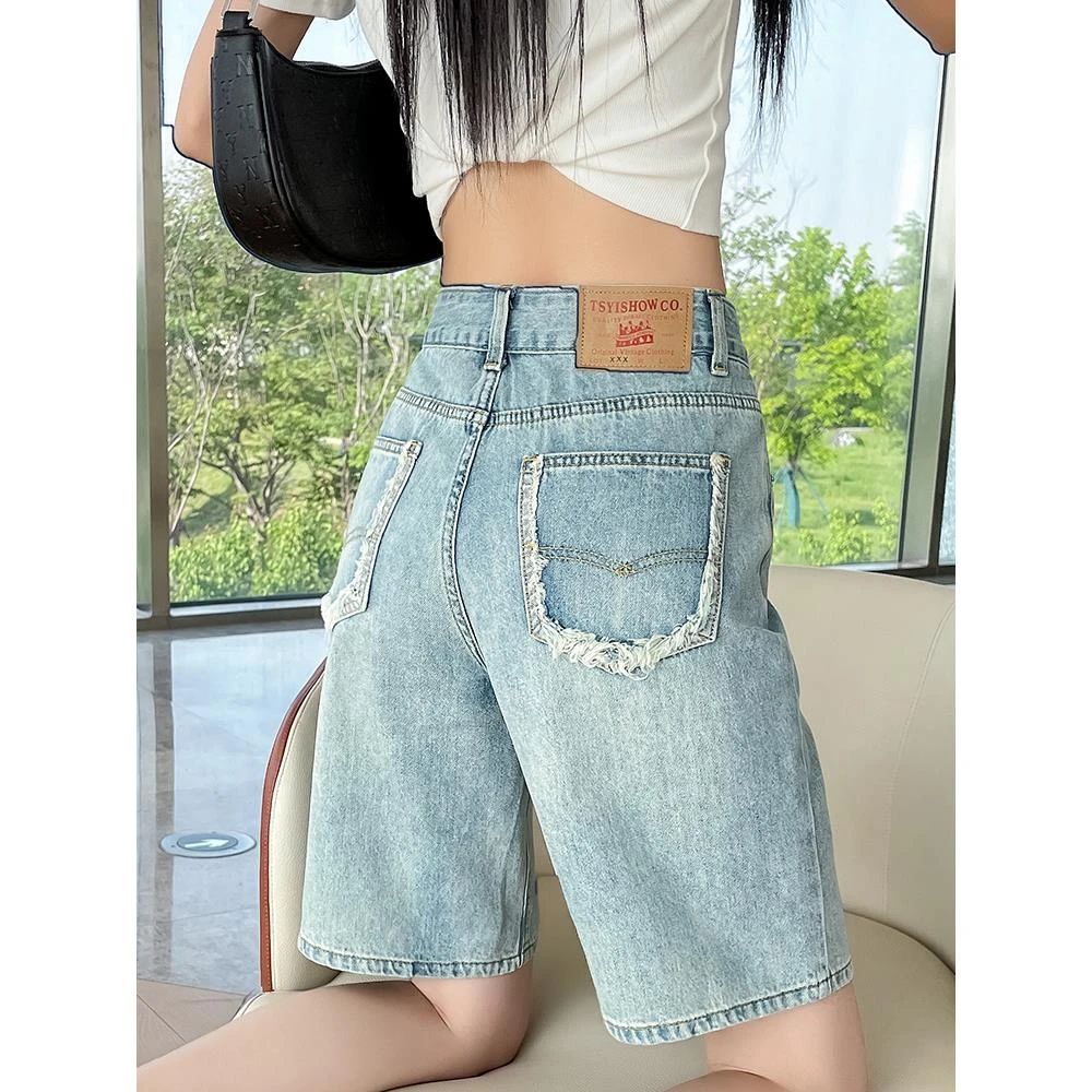五分牛仔短裤女2025年夏季新款高腰韩版宽松显瘦毛边阔腿5分中裤