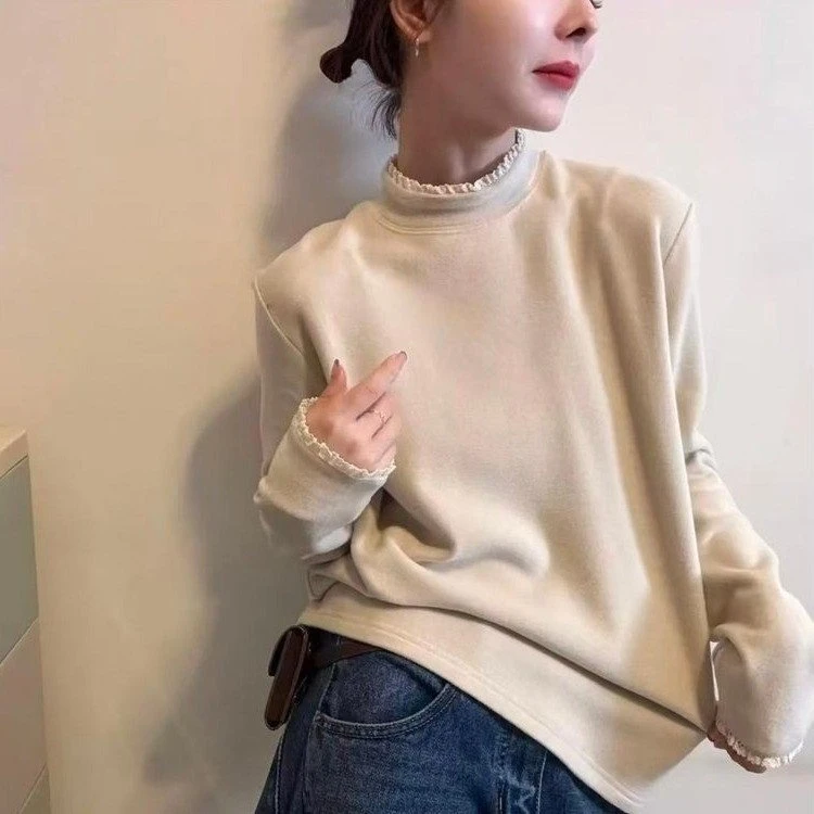 蕾丝拼接半高领德绒长袖T恤女2025秋冬新款宽松百搭打底衫上衣潮