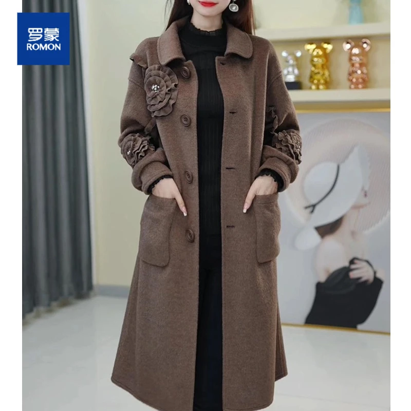 罗蒙新款气质时尚显瘦减龄大衣外套秋冬季洋气百搭女士加厚韩版