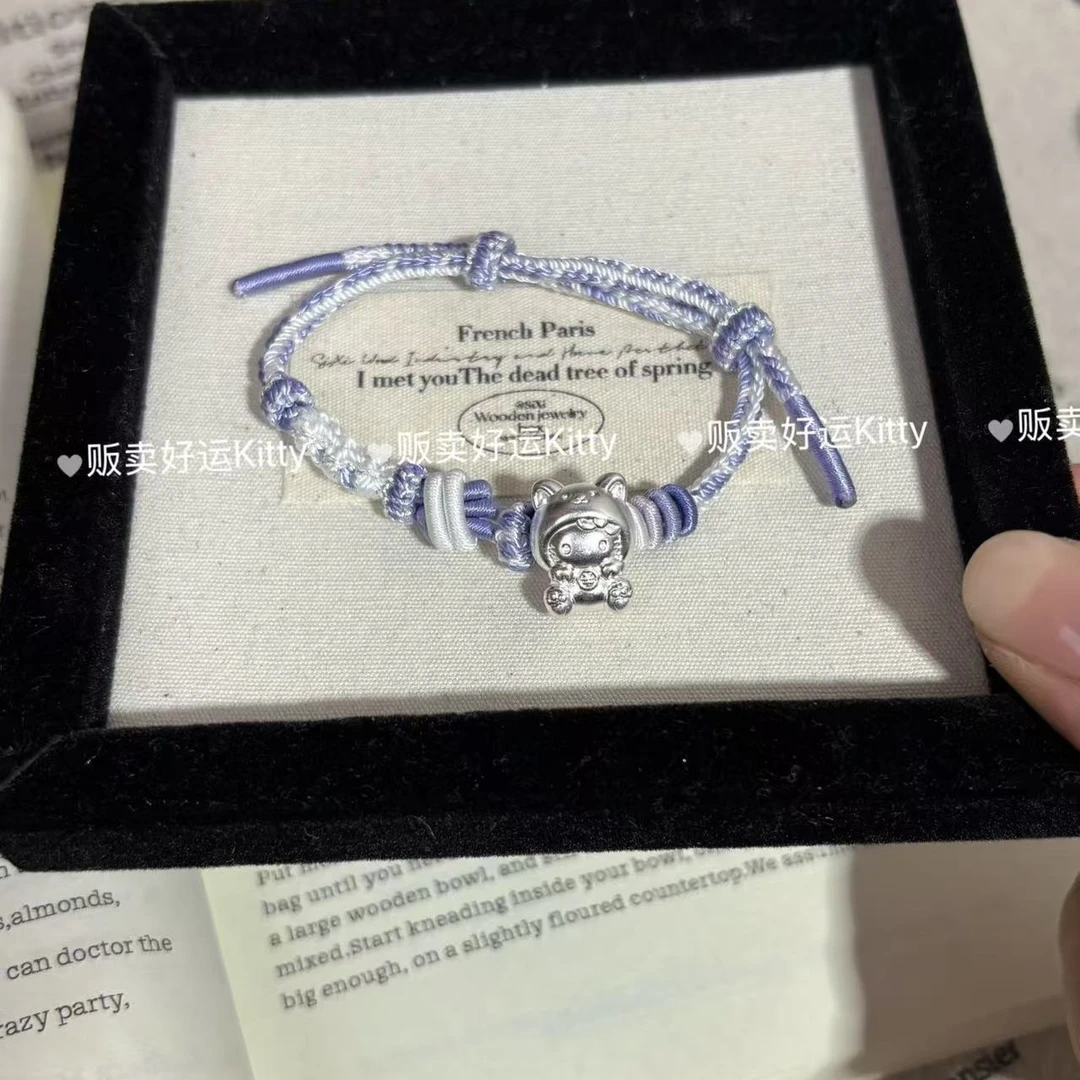 足银手链 纯银足银999Kitty猫帕恰狗小众百搭ins足银手链手工编织