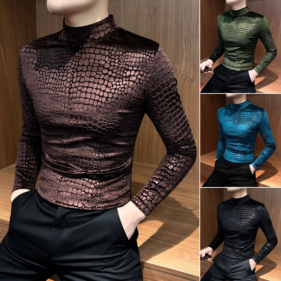 半高领鳄鱼纹打底衫男款爆款2025新款痞帅网红款秋冬修身打底衫男