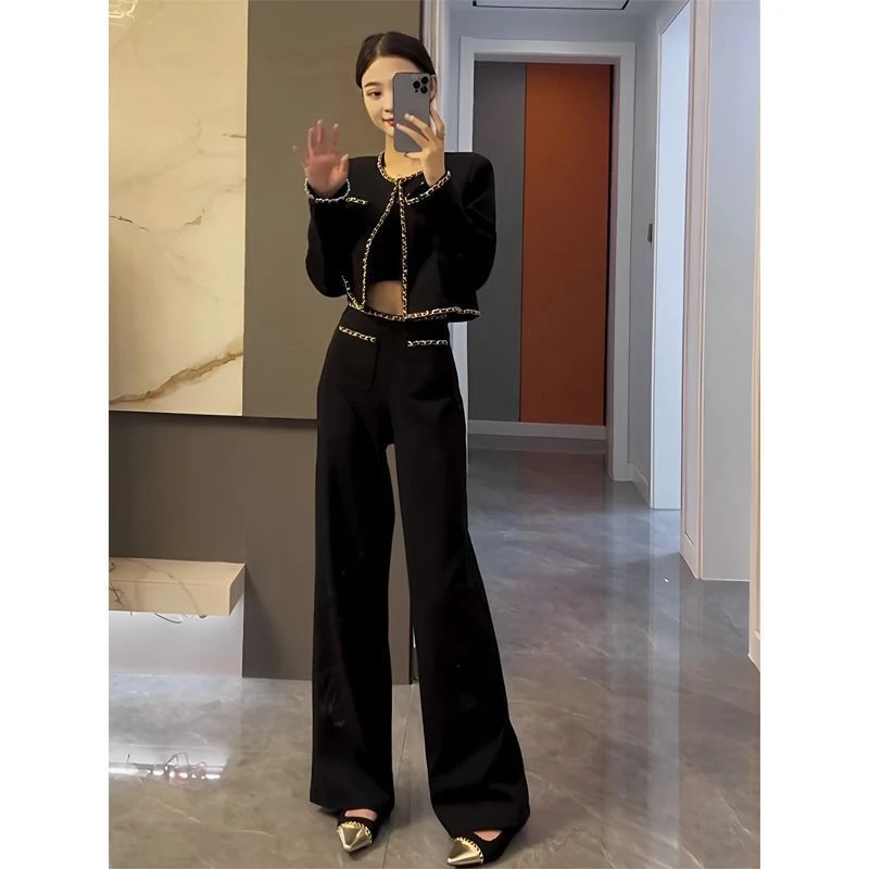 网红新品女神范小香风套装时尚设计感短款外套职业阔腿裤两件套秋