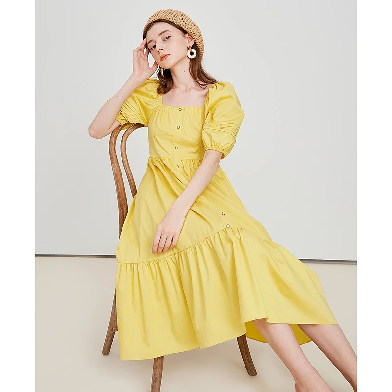 CAROLINE卡洛琳夏季新款方领收腰A字收腰中长连衣裙ECRCBC60