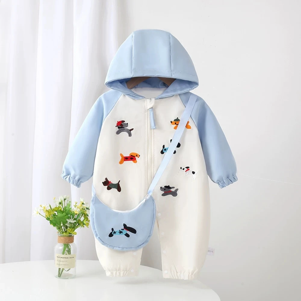 蓝色小狗卡通男宝宝春秋连体衣哈衣满月外出服爬爬服婴儿+包包