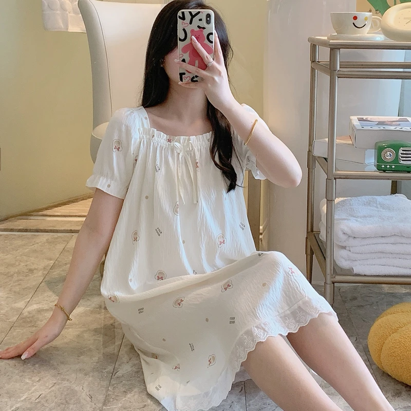 春夏季新款短袖睡裙女卡通可爱蕾丝花边睡衣性感纯欲风宽松家居裙