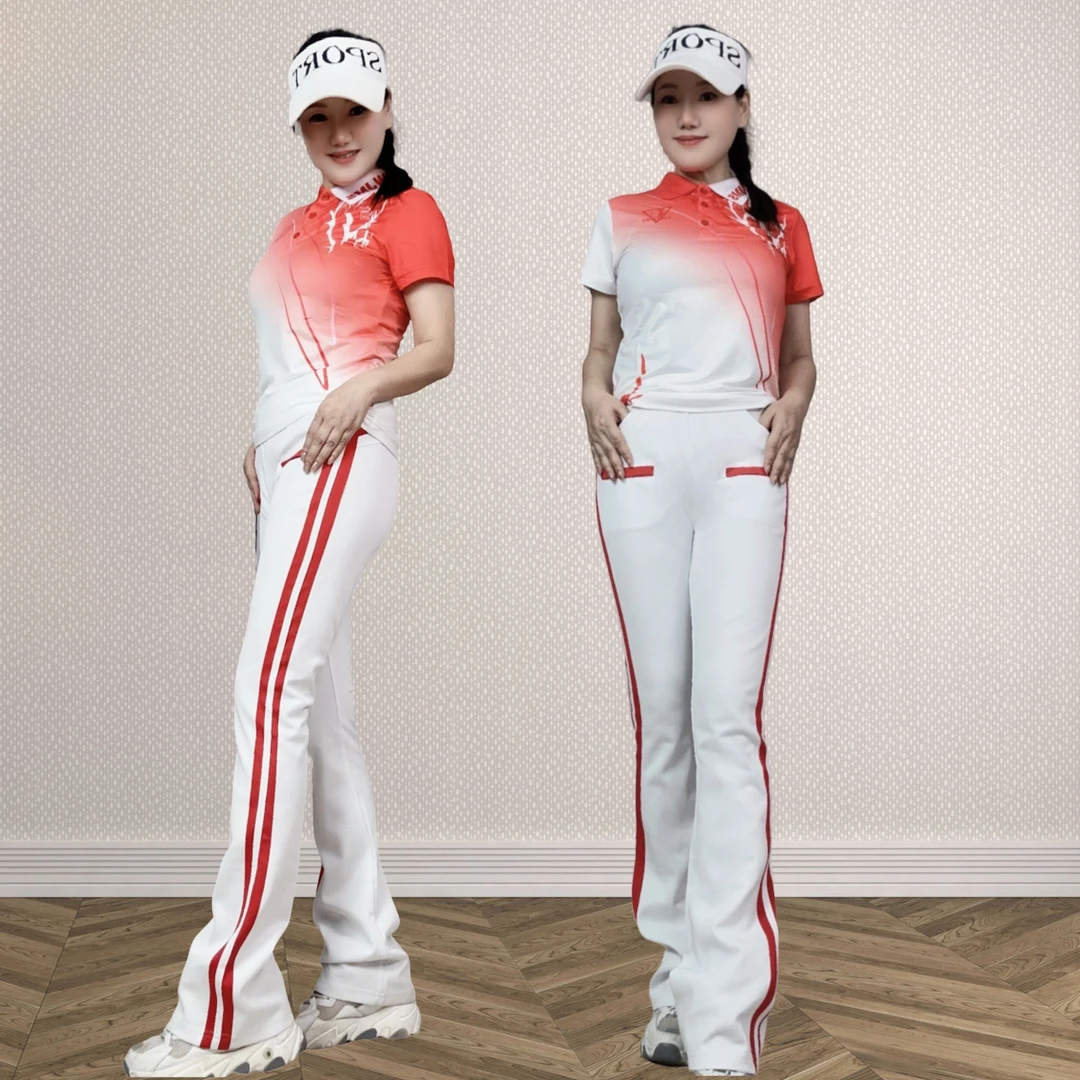 【喜鹊推荐】佳木斯健身操白红搭配夏季南韩丝白红条裤子微喇套装