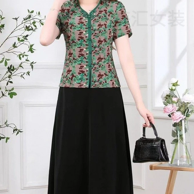 冰丝感改良版旗袍连衣裙中年妈妈装夏季新款洋气大码短袖裙子