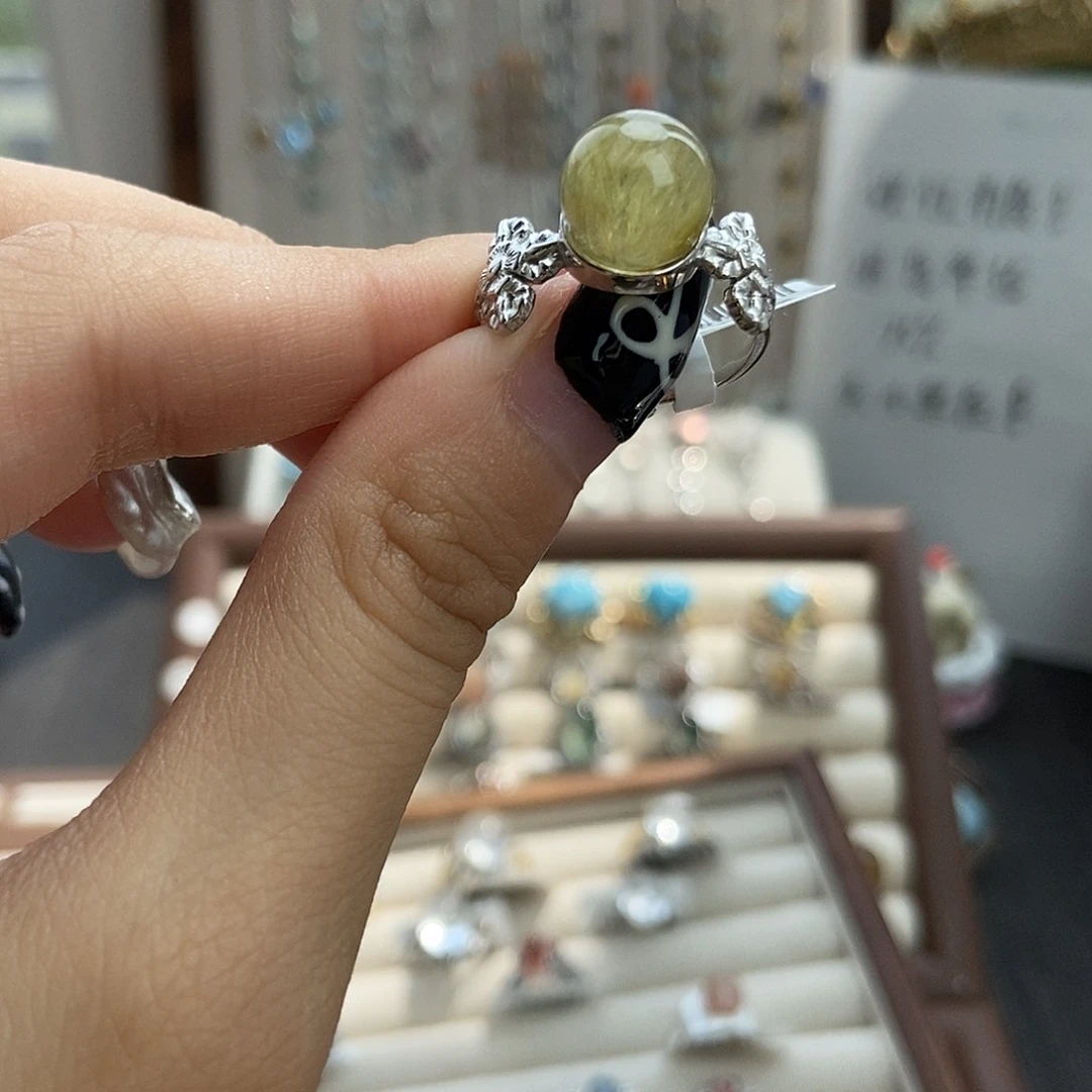 水晶戒指银S925镶嵌子***?绿兔毛