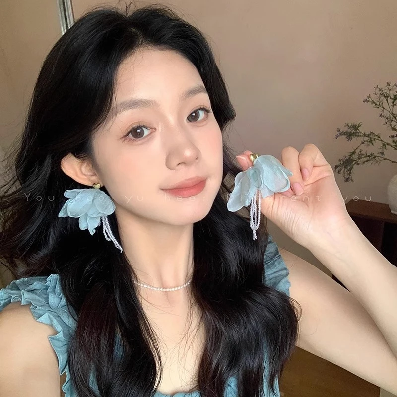 合金耳饰 银针花朵流苏度假新款爆款气质网红耳钉设计感春天耳饰