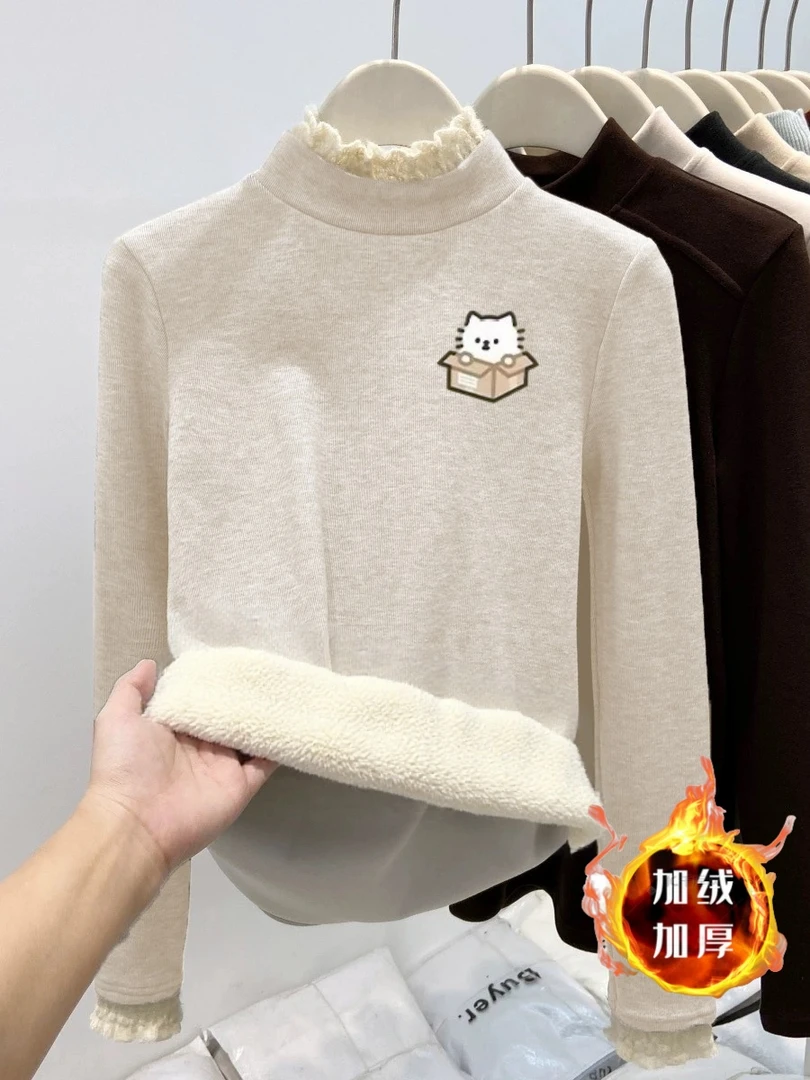 女童卫衣新款打底衫加绒加厚花边半高领中大童一体绒保暖印花上衣