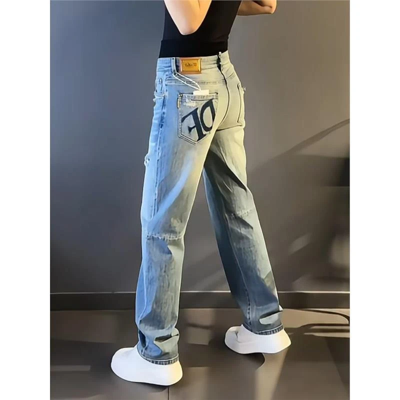 潮牌男装轻奢大码男士设计款牛仔裤秋冬新款设计阔腿牛仔裤时尚潮