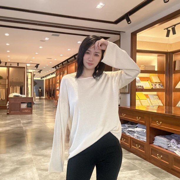 柞蚕丝女士上衣针织长袖纯色气质简约休闲睡衣上装 1237