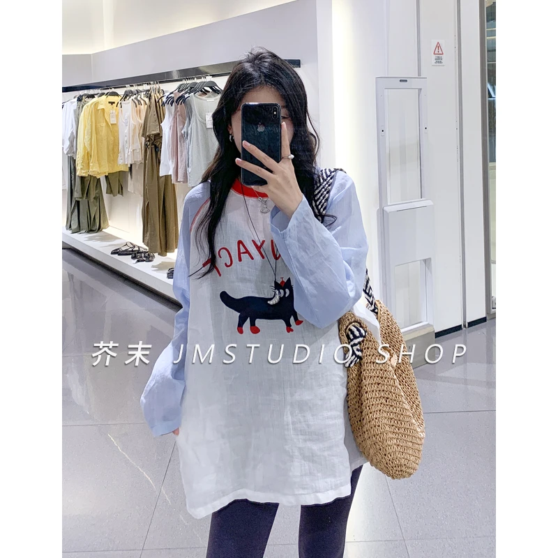 【芥末家】喵咪拼色苎麻防晒衫女 时尚百搭潮流宽松显瘦洋气衬衫