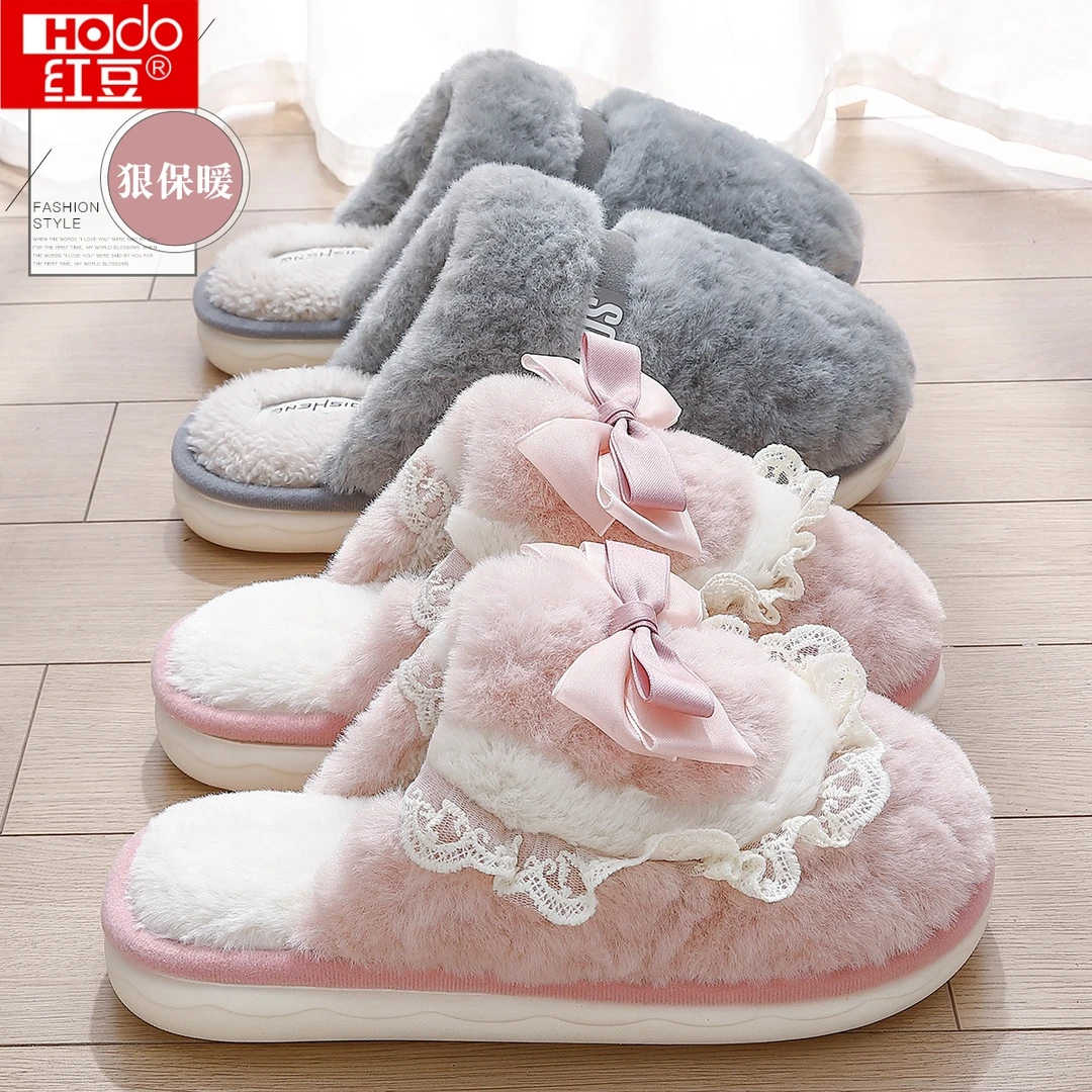 红豆棉拖鞋女款秋冬季2025新款室内家居静音防滑厚底保暖毛毛拖鞋