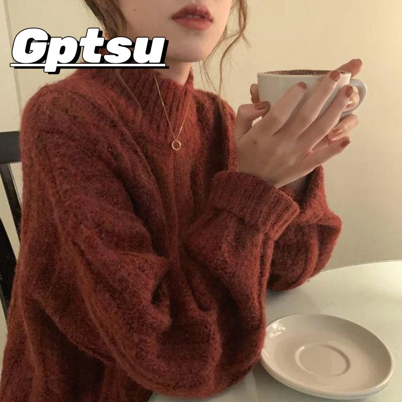 GPTSu温柔风格针织女秋冬设计小众慵懒风格加厚半高领针织衫上衣