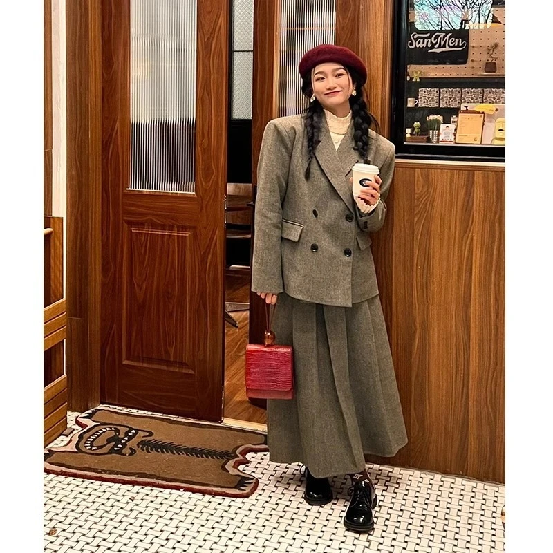 高级感小洋装女2025冬装时尚韩版廓形呢子西装外套半身裙两件套装