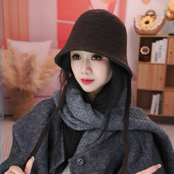 韩版针织水桶帽子女秋冬保暖显脸小盆帽后开叉系带护耳毛线渔夫帽
