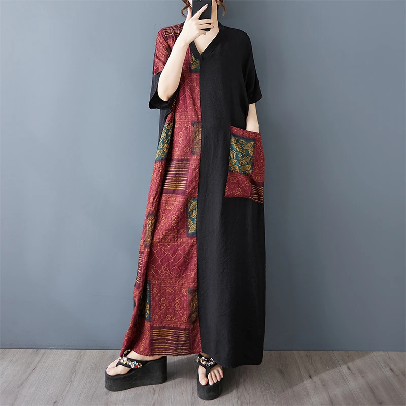 捡漏~花色拼接黑色遮肉长裙夏季新款显瘦v领文艺风复古长款连衣裙