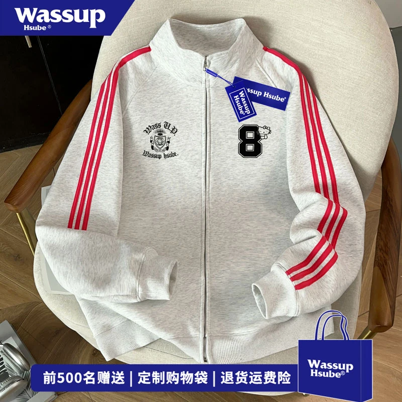 WASSUP HSUBE 日系凯蒂猫字母印花立领外套男秋冬季百搭开衫卫衣