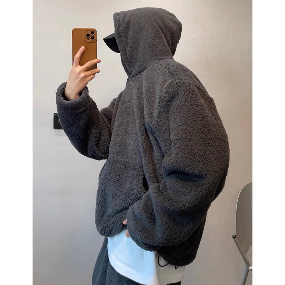 冬季美式复古保暖慵懒风炭灰色保暖连帽卫衣男百搭裤子套装INS