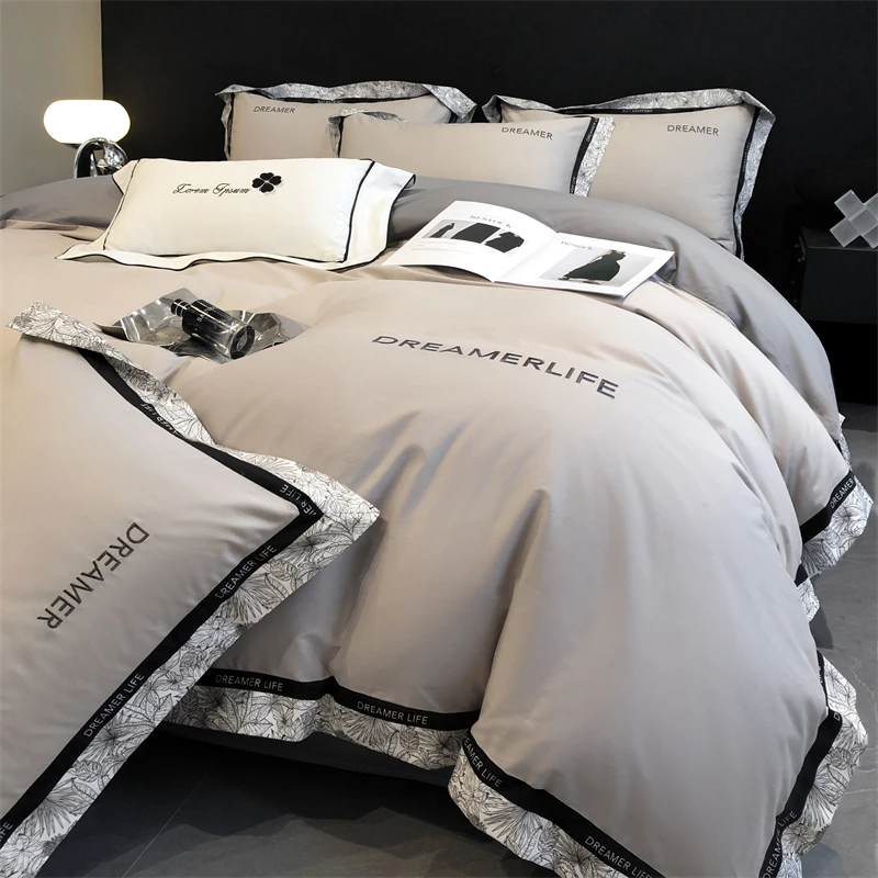 富安柏轻奢A类100%纯棉四件套，法式刺绣简约全棉床单150*200被套