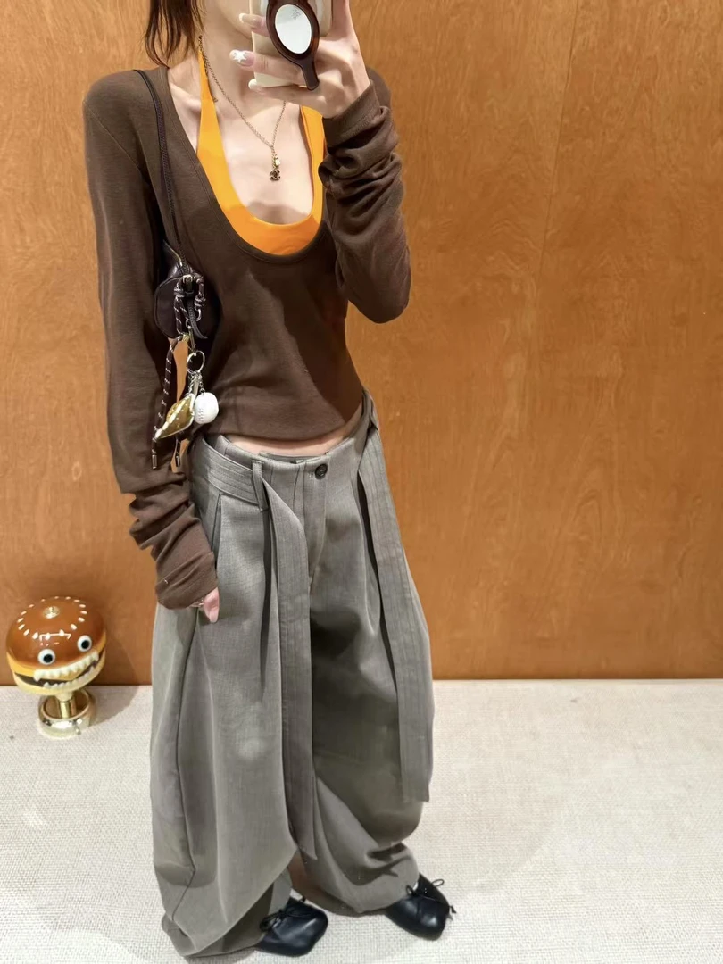 运补6 米法式复古打底长袖t恤女早秋撞色背心休闲气质叠穿两件套