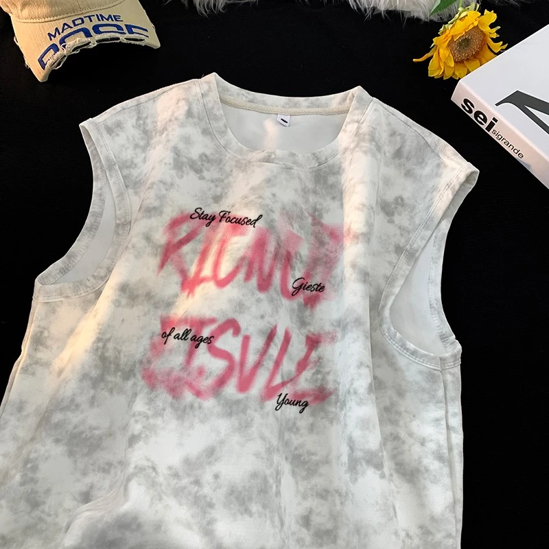 重磅扎染印花圆领背心男士夏季美式复古青少年设计感休闲宽松上衣