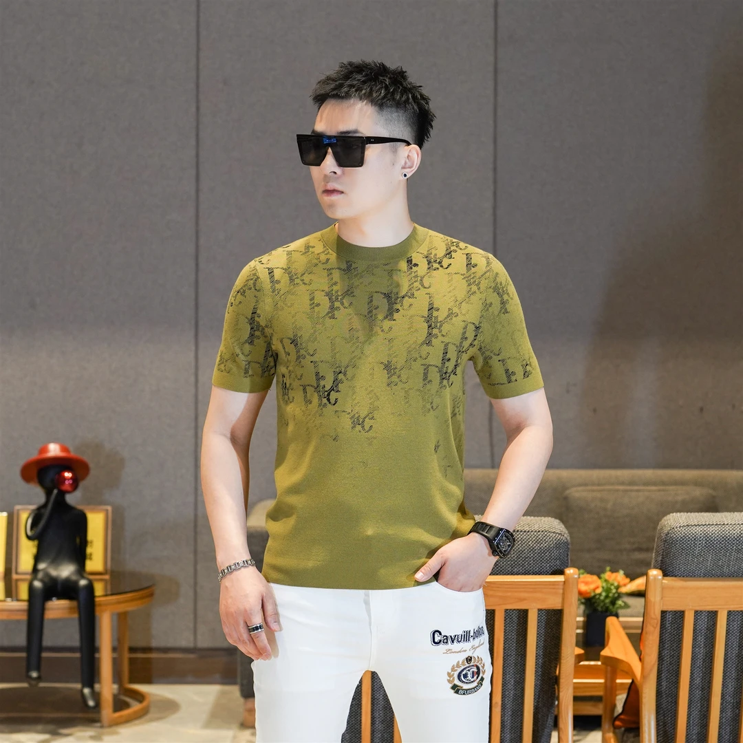 2025秋季新品短袖针织衫男款撞色提花圆领半袖毛衣打底衫GL88126