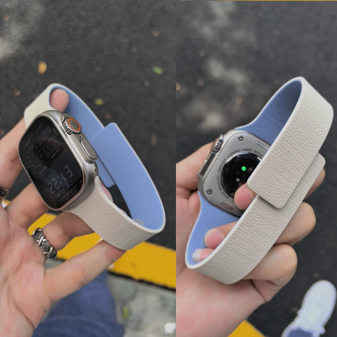 适用苹果iwatchs10表带荔枝纹磁吸双色硅胶applewatch9/8/7SE运动