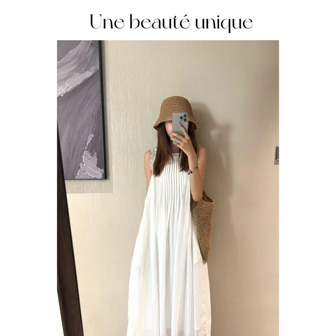 【埃格尔】休闲气质法式宽松韩版长款纯色褶皱无袖小众设计感连衣裙