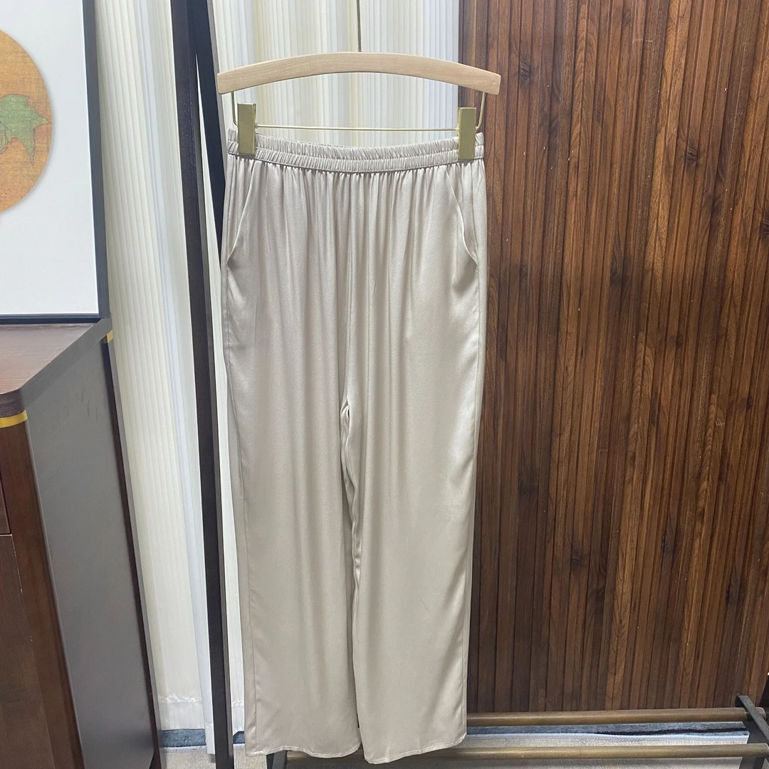 香槟色桑蚕丝小脚裤夏季新款弹力双乔缎真丝宽松休闲裤子XJK333