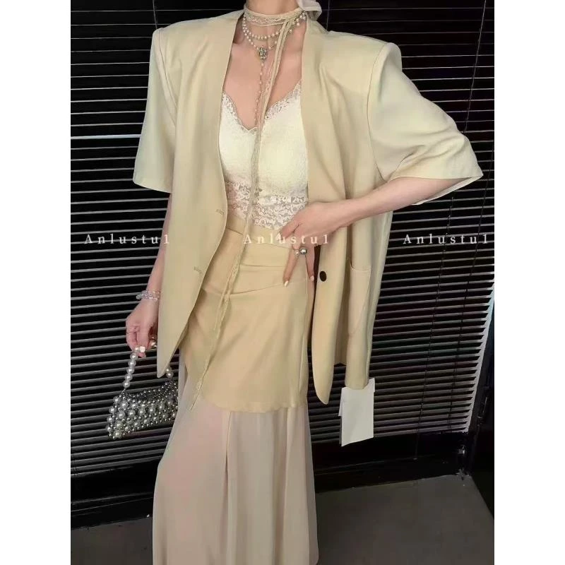 韩版短袖西装外套网纱拼接半身裙套装女2025夏季新飘带洋气两件套