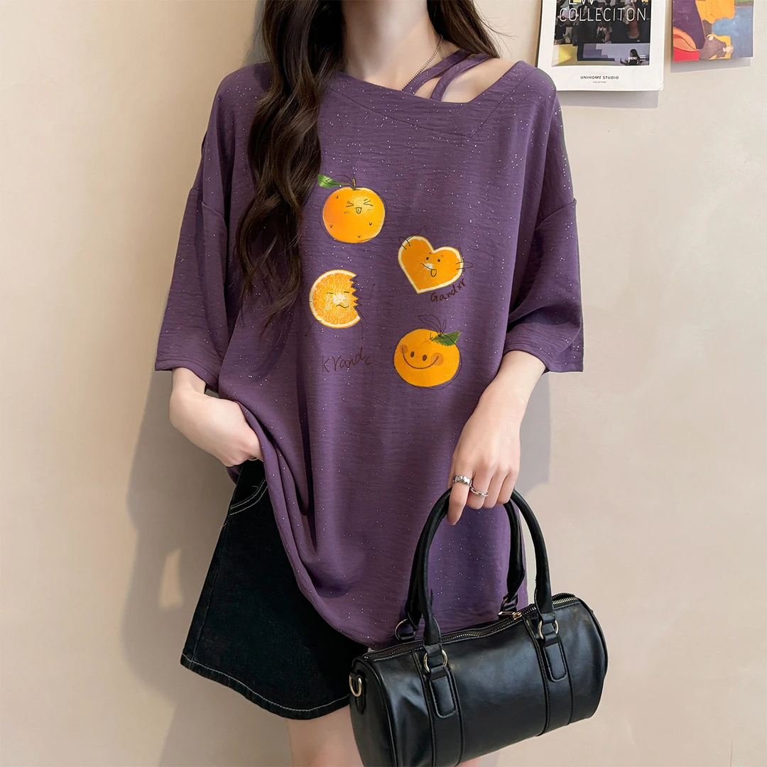 亮闪闪小众斜肩短袖T恤女2025夏季韩版宽松大码显瘦遮肉减龄上衣