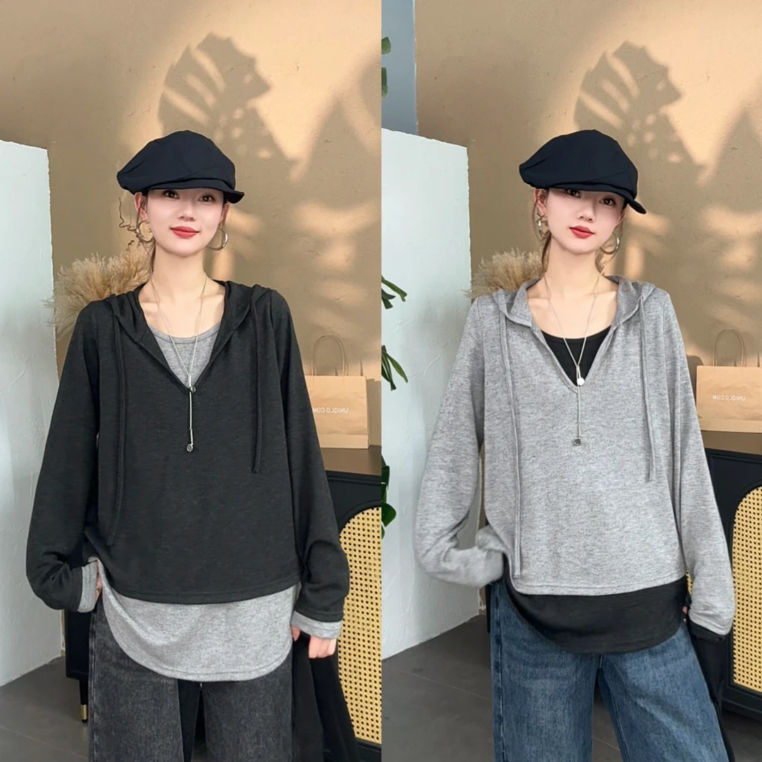 【SI MO】82447显瘦百搭宽松休闲假两件针织连帽上衣