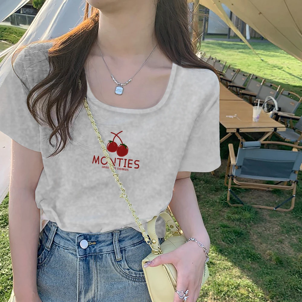 正肩短袖方领t恤女装夏季2025年新款纯棉低领设计显瘦灰色上衣