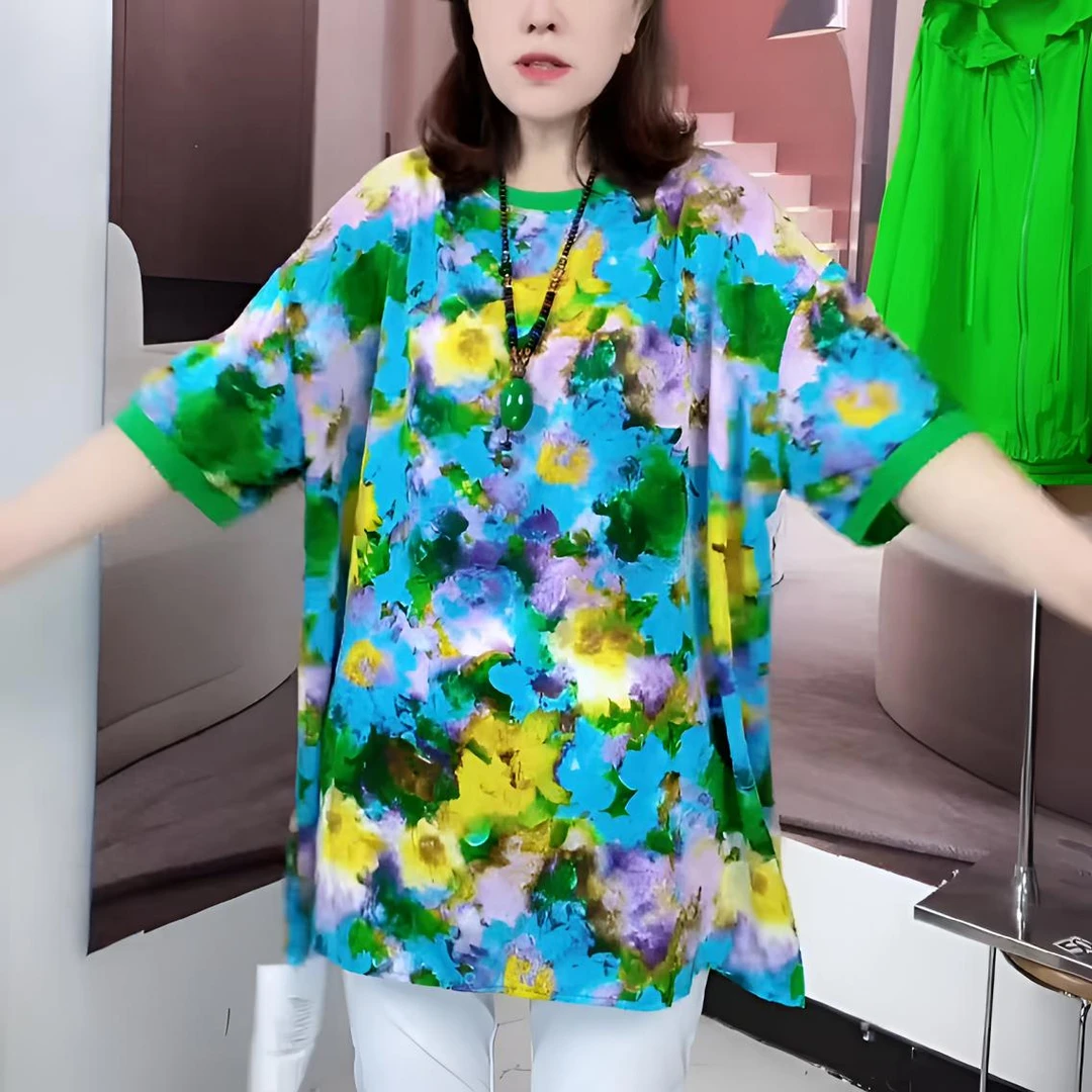 菊花涂鸦2025新款洋气宽松妈妈装上衣时尚休闲夏季印花圆领扎染