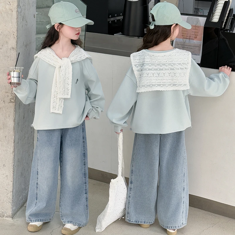 女童披肩卫衣牛仔裤套装2025新款6-12岁潮酷中大童休闲洋气两件套