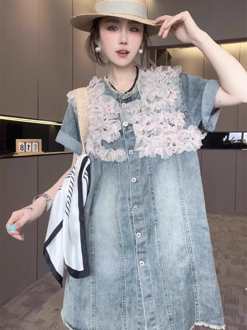 【5030】ED#休闲百搭网纱拼接牛仔连衣裙