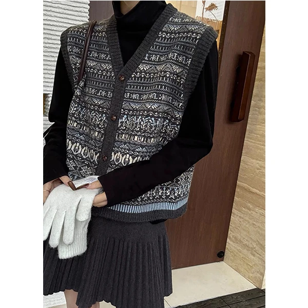 【V领灰色民族风开衫马甲】针织衫宽松显瘦休闲时尚百搭秋冬