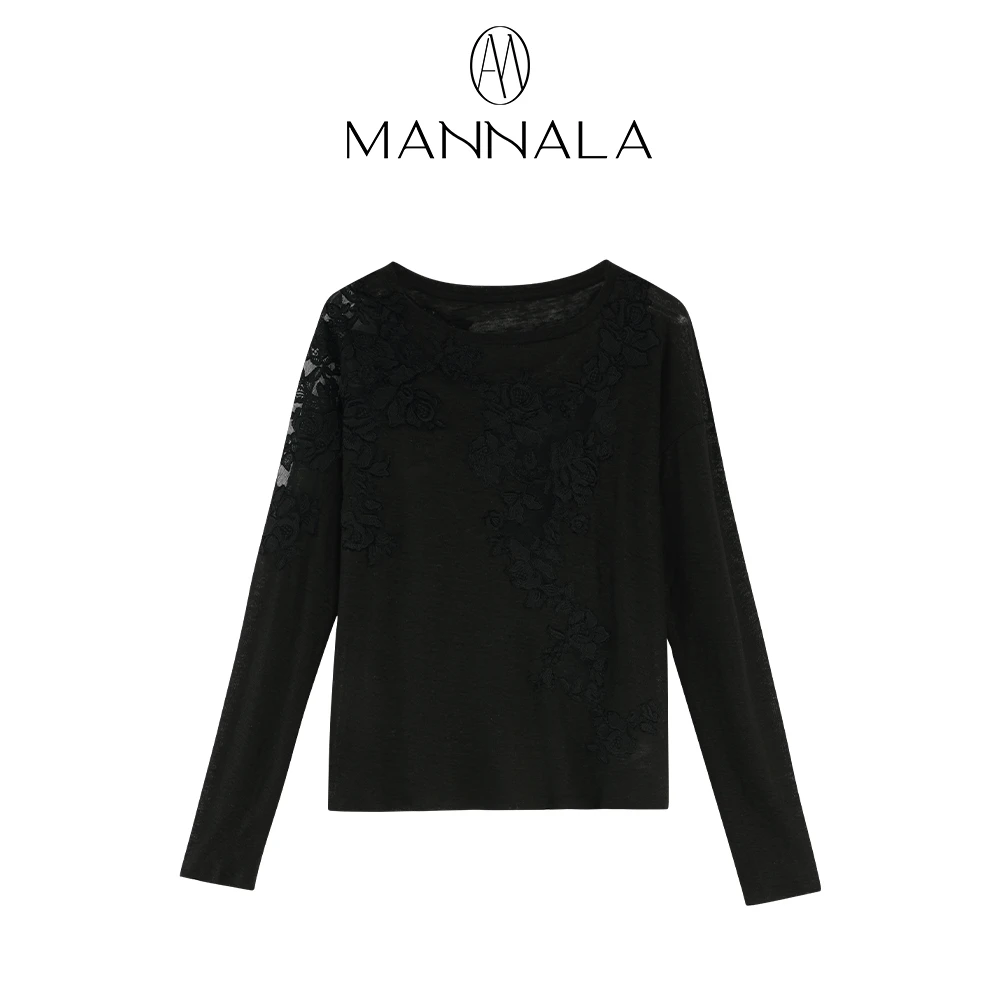 MANNALA丨“花蕾T”气质优雅重工蕾丝拼接透气亚麻长袖T Q4400