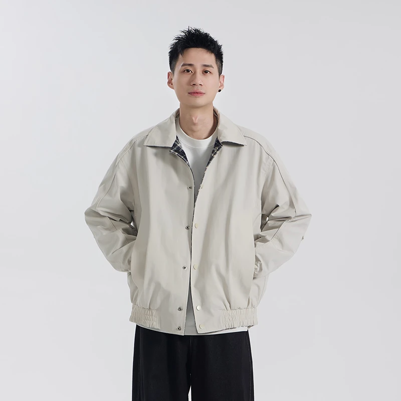 春秋新款翻领双面格纹简约外套休闲宽松时尚百搭男女同款夹克5001