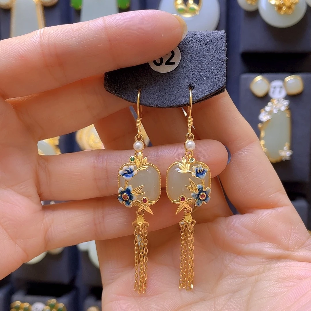 和田玉银S925镀金镶嵌耳饰