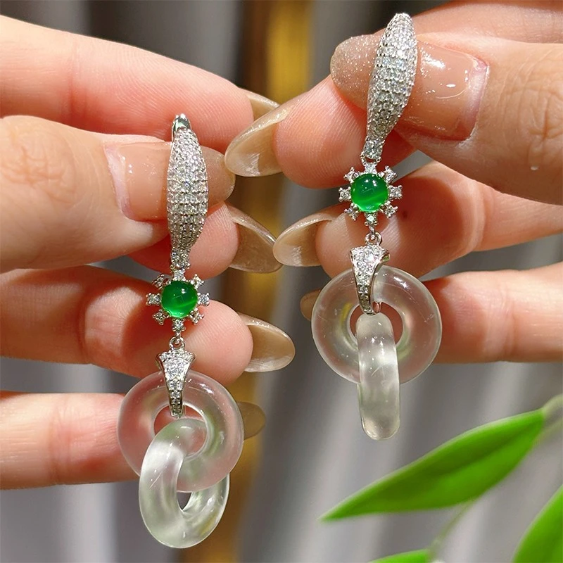 VISING珠宝天然石英质玉水沫双环耳坠耳环耳饰环环相扣国风新中式