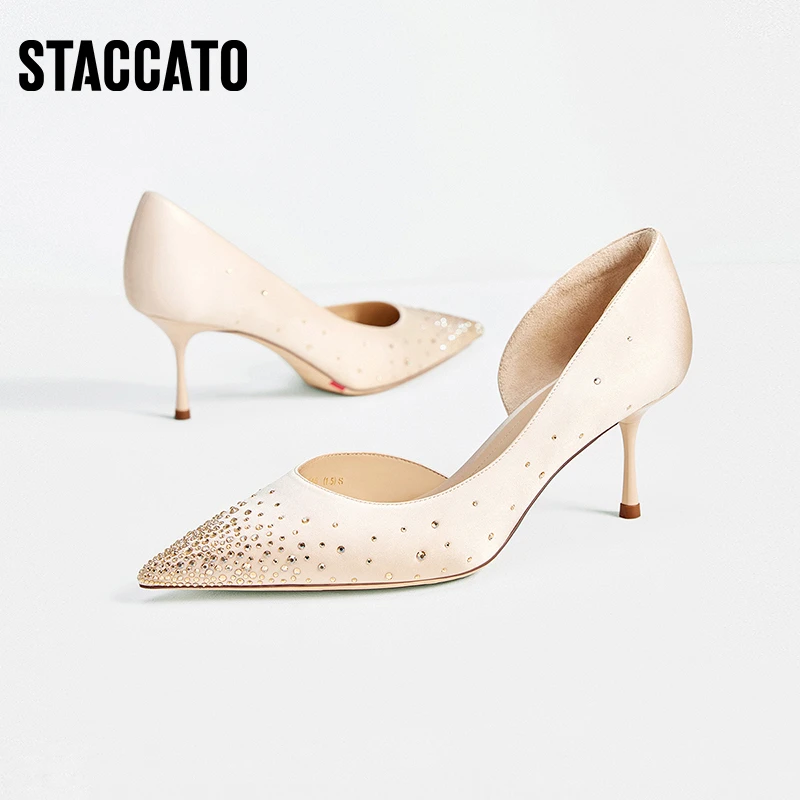 思加图春季新款浪漫舞曲高跟鞋浅口单鞋优雅女婚鞋ED398AQ4