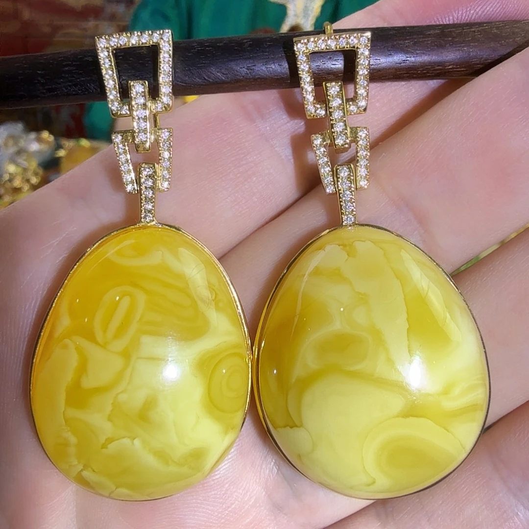 蜜蜡银S925镀金镶嵌耳环
