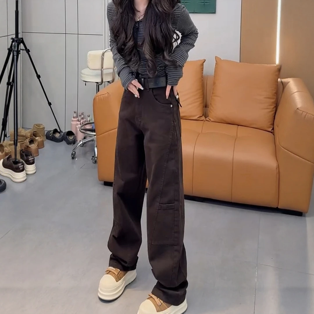 秋冬季新款直筒牛仔裤窄版阔腿裤女宽松大码胖mm微胖显瘦加绒长裤