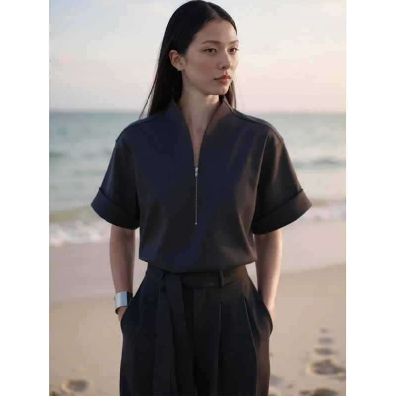 COMMON VALUE「 灵 Nav」新中式禅意领上衣半拉链卷袖极简百搭T恤